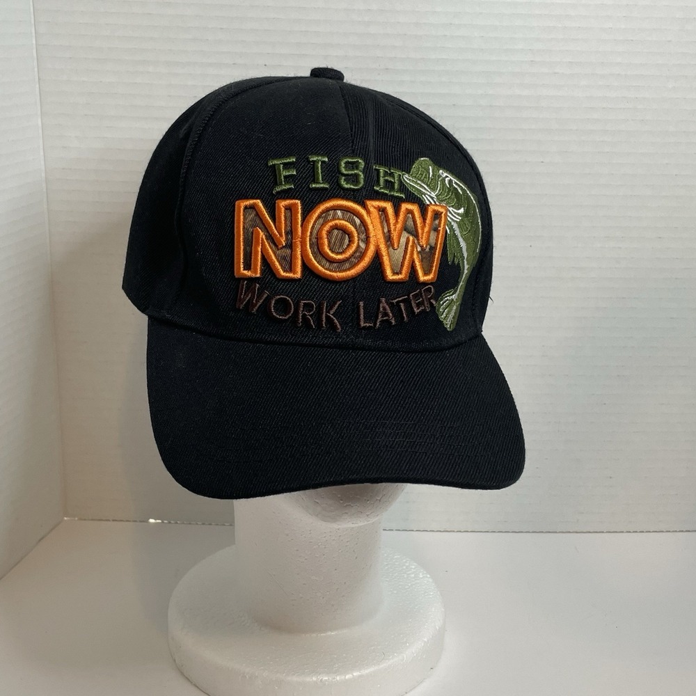 FISH NOW WORK LATER FISHING FISHERMAN BASS BASEBALL CAP HAT ( BLACK )